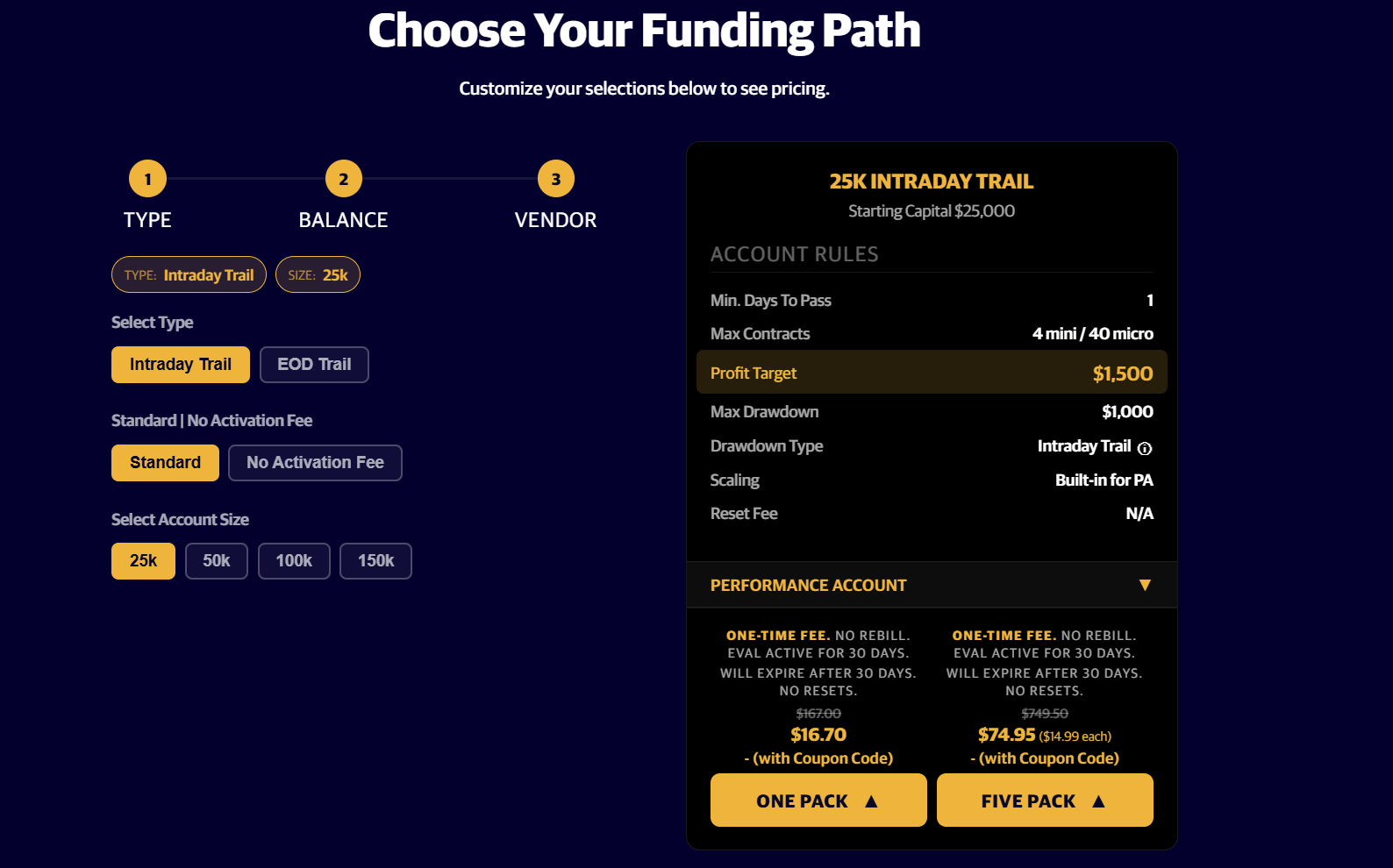 Apex Trader Funding 25K Intraday Trail pricing with code DEALPROPFIRM applied β 90% OFF, $167 reduced to $16.70